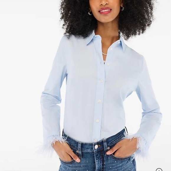 J. Crew Factory Top Feather-Trimmed Button-Up Shirt In Signature Fit Blue M NWT - Picture 1 of 12